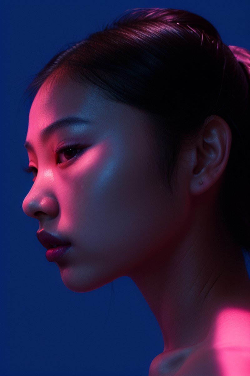 1 asian girl,spotlight,portrait,pink theme,from below,looking at viewer,dark intense shadows,parted lips,beautiful detaile...